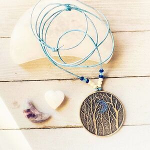 Crescent Moon In The Forest Pendant on Adjustable Leather Blue Cord